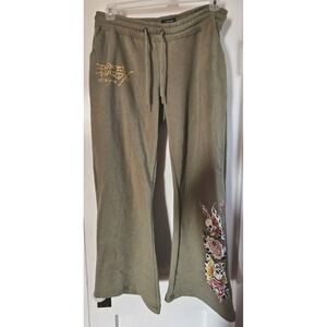 ED HARDY Butterfly graphic sweatpants wide leg olive green cotton blend woman L